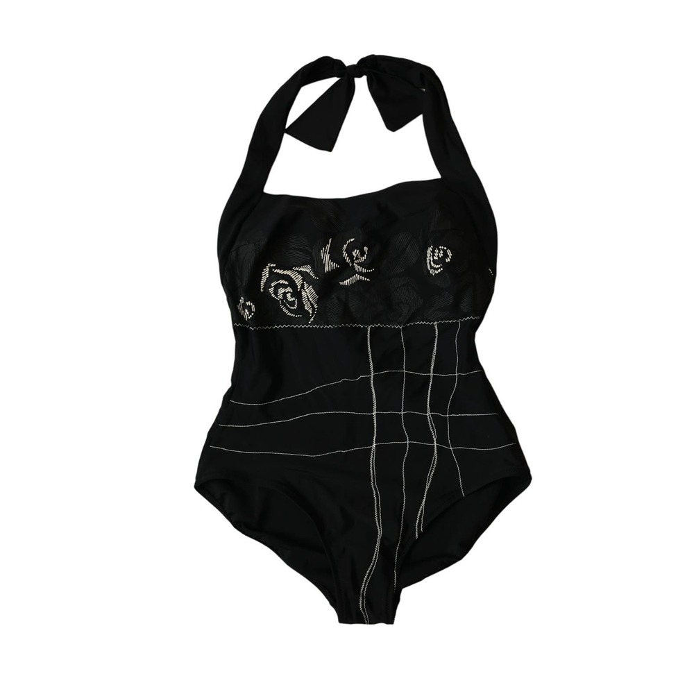 Gideon Oberson one piece swimsuit black white halter low back sz 10‎